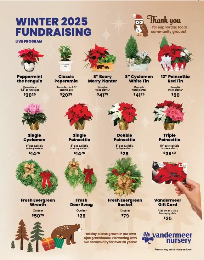 Vandermeer's fundraising program with various holiday plants, potted arrangements, evergreen decor, and gift cards.