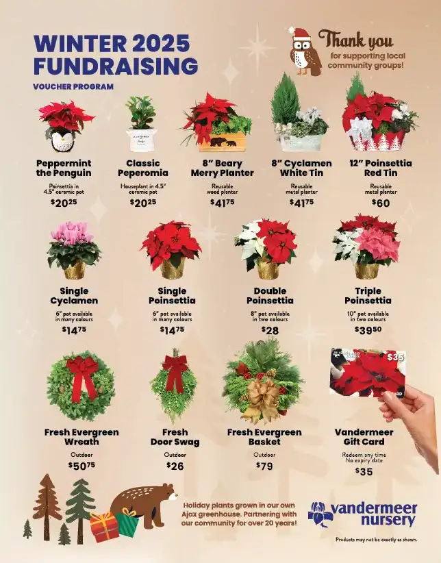 Vandermeer's fundraising program with various holiday plants, potted arrangements, evergreen decor, and gift cards.