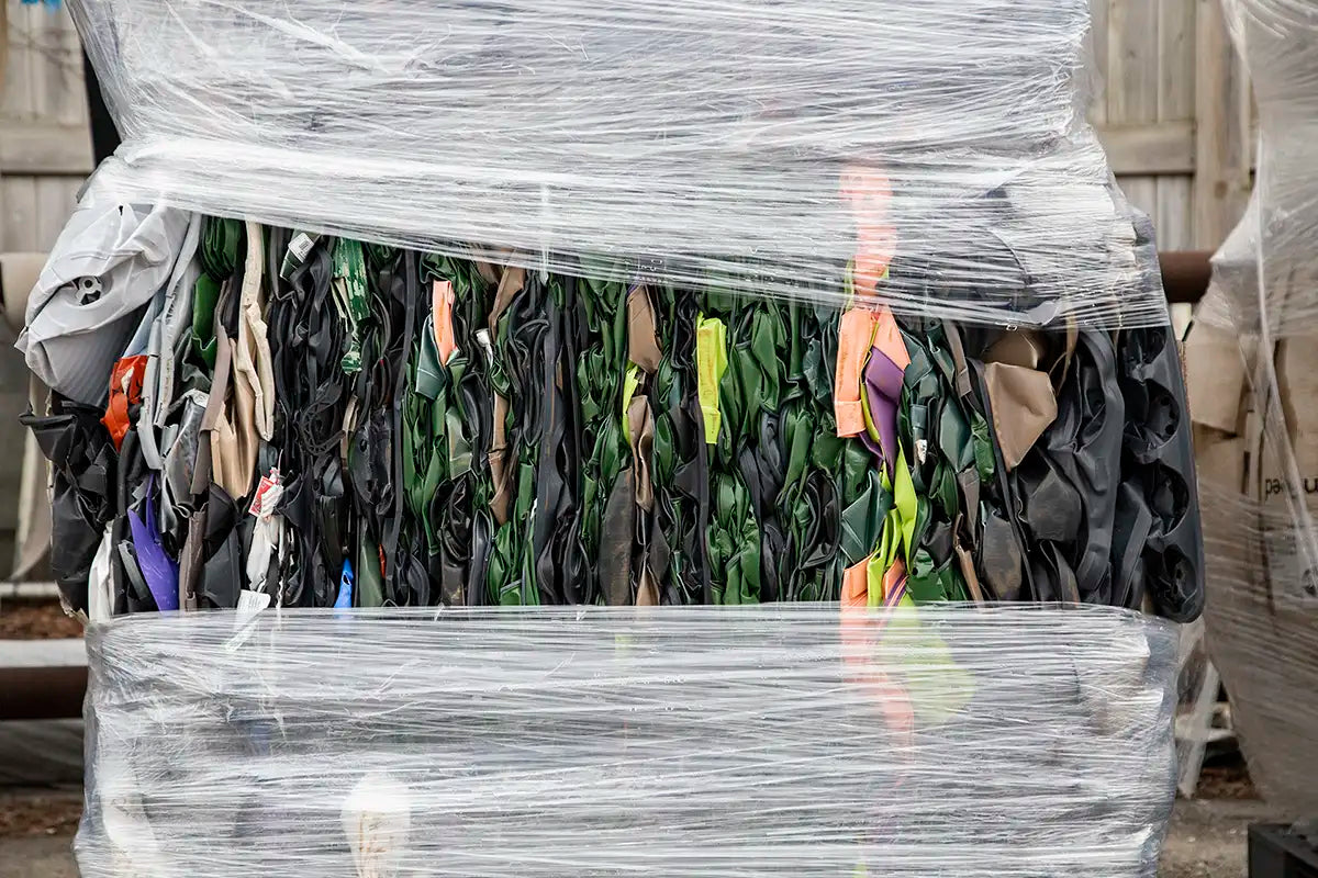 Skid of crushed plastic pots and trays wrapped in plastic wrap for shipping.