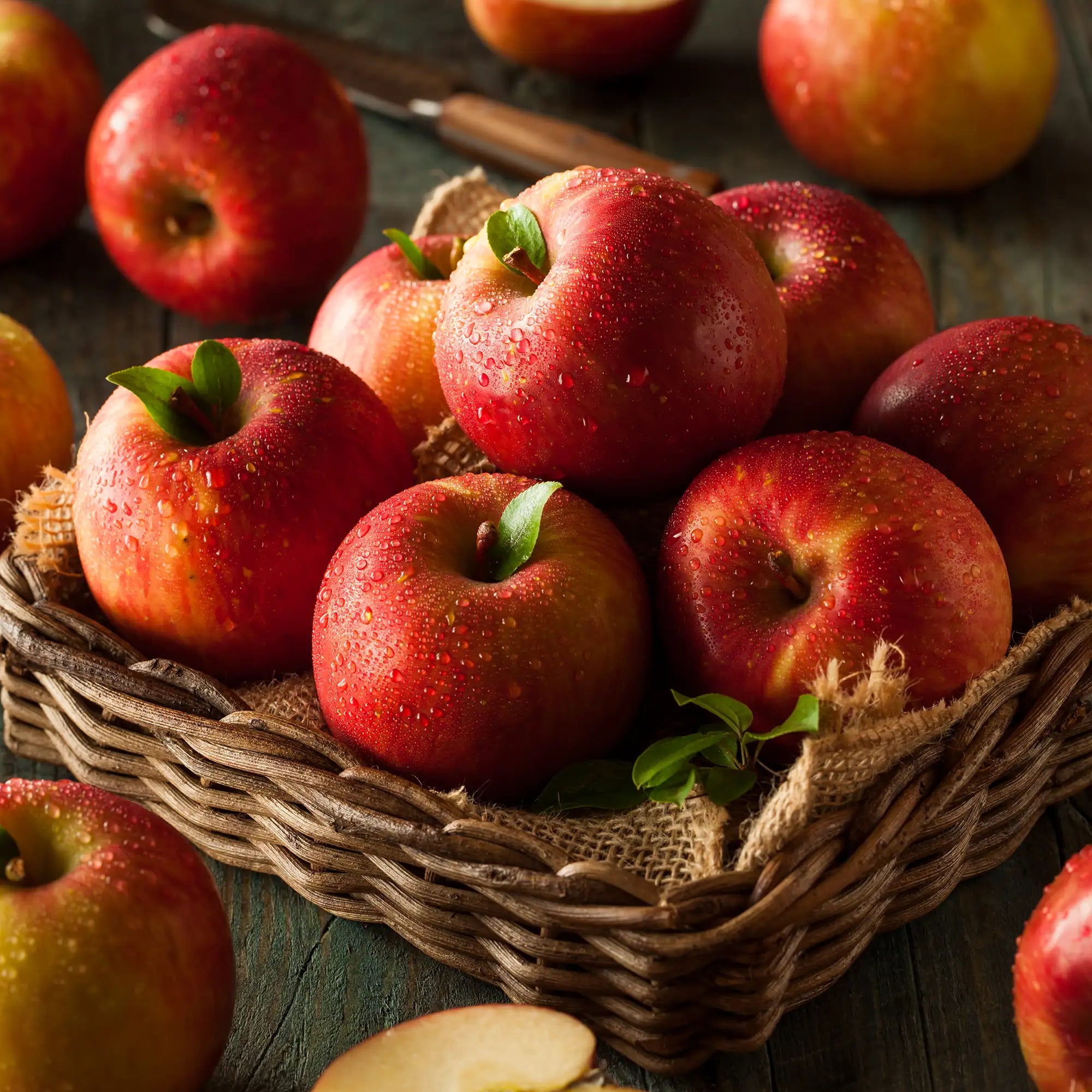 Basket of red Fuji apples on a wooden surface