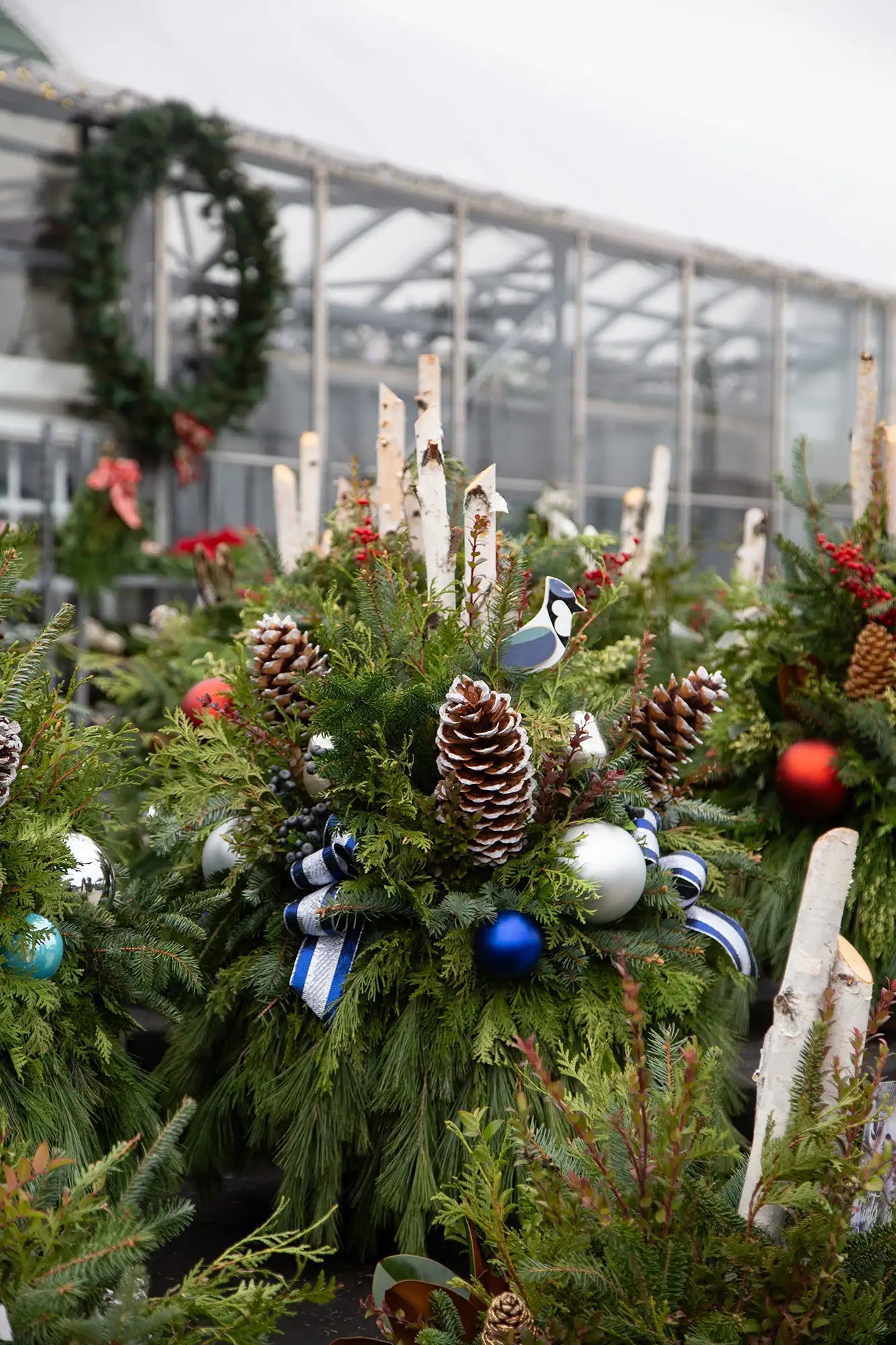 Decorative evergreen planters with greenery, pinecones, ribbon, ornaments, wooden blue jay, and birch branches in an outdoor garden centre setting.