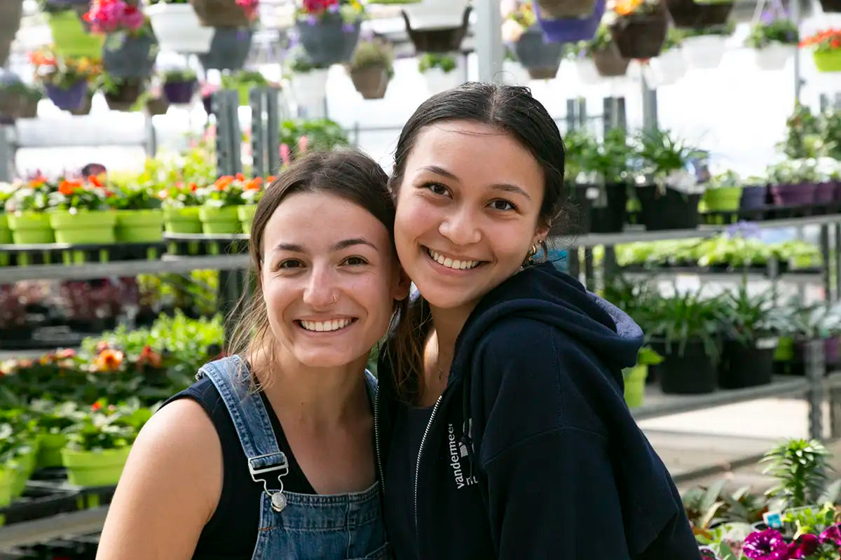 Two staff members standing in a greenhouse filled with flowers.