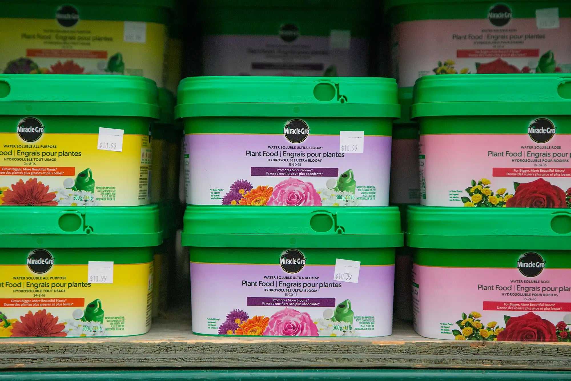 Miracle-Gro water-soluble fertilizer containers stacked on a shelf