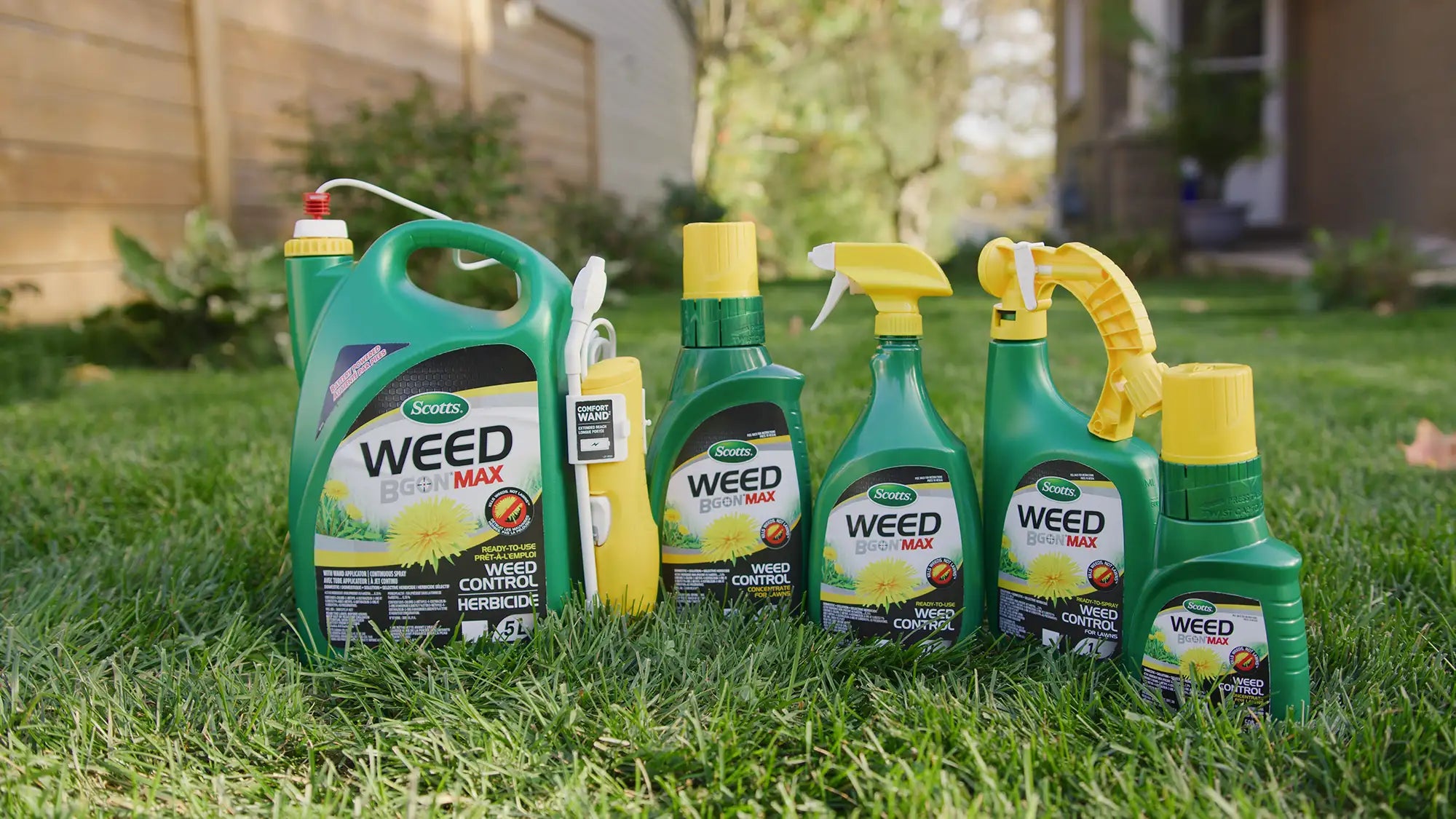 Collection of Scotts Weed BGon Max products on a grassy lawn