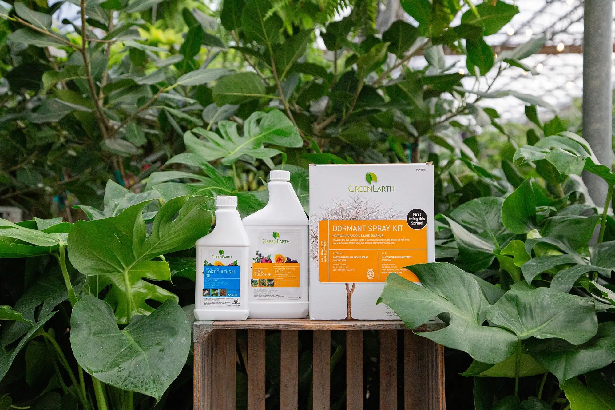 Dormant Spray Kit on a wooden crate with green foliage in the background