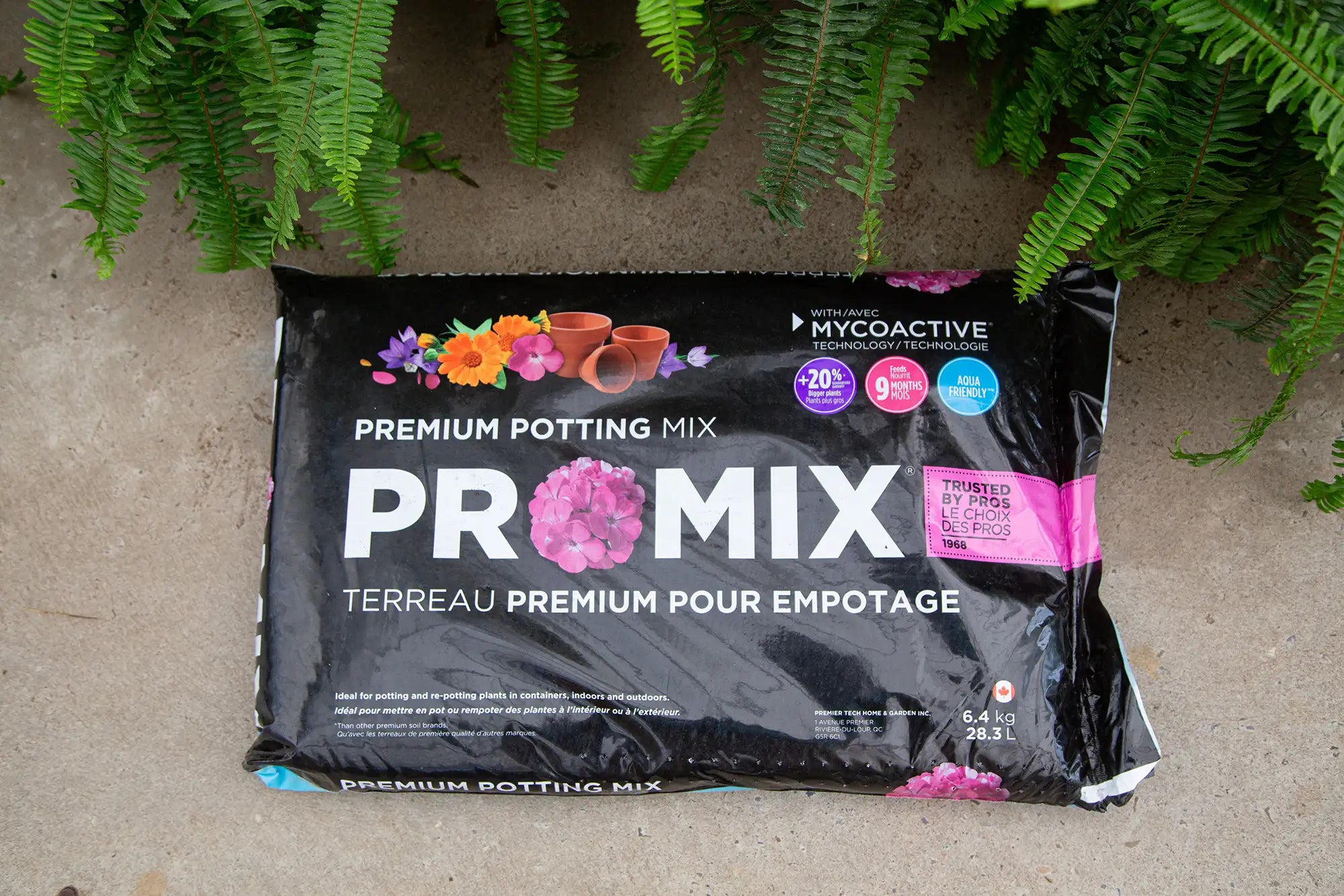 Bag of ProMix premium potting mix on a concrete surface with green plants in the background