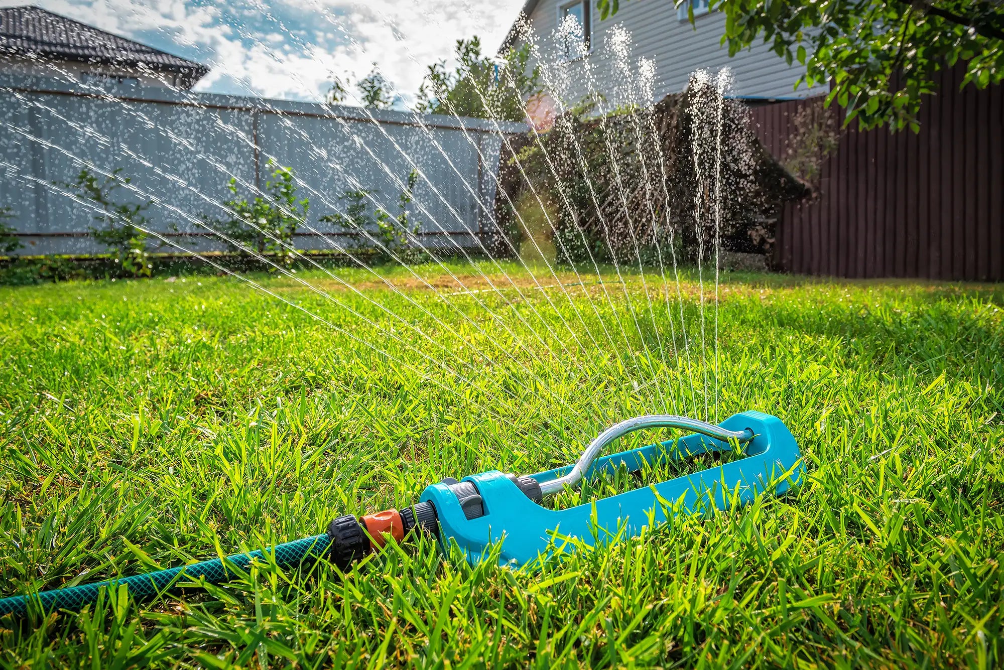 Sprinkler spraying water on a grassy area with a house and trees in the background