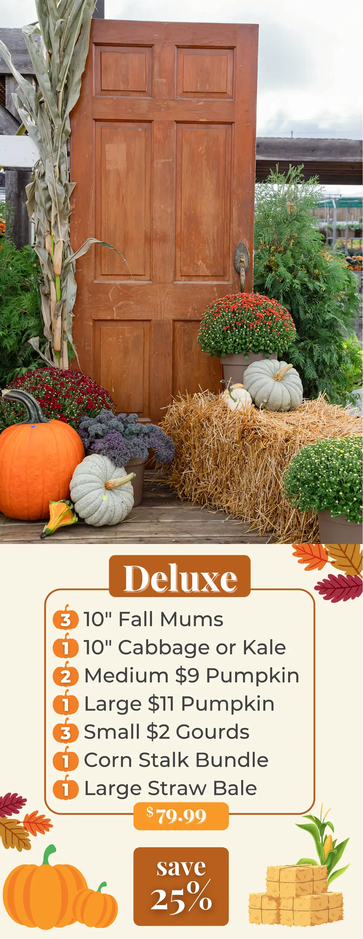 Wooden door with three pumpkins, three mums, a corn stalk bundle, a kale, three small gourds, and a large straw bale on a wooden deck.