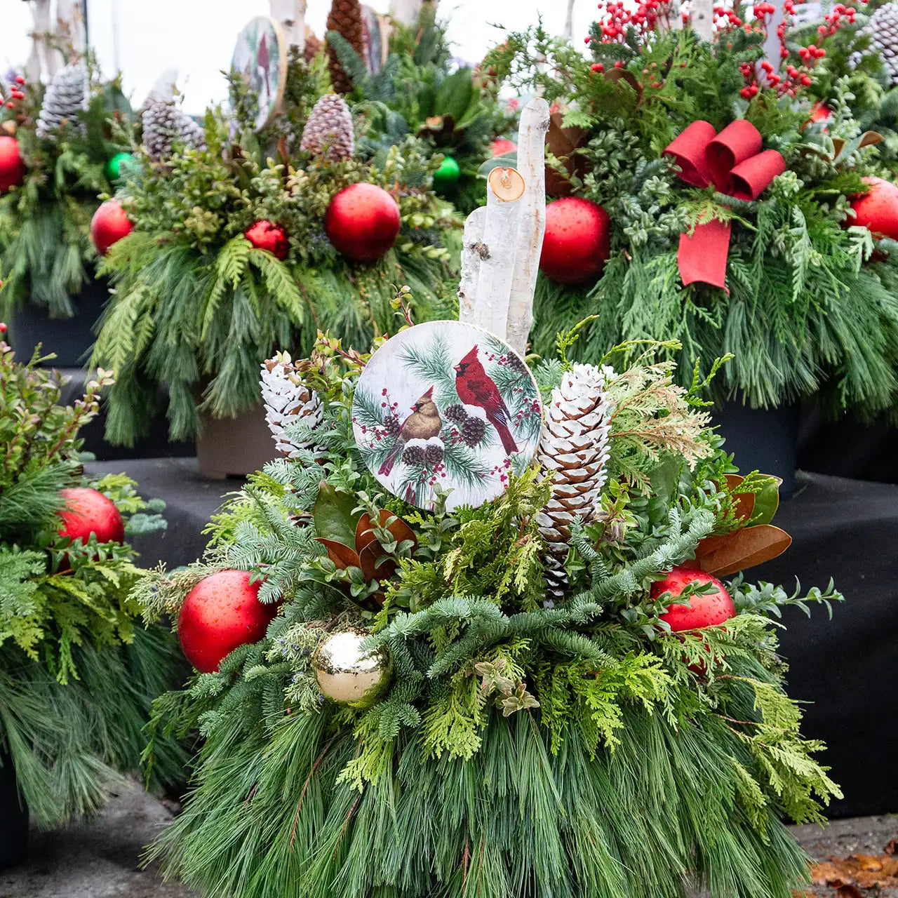 Evergreen arangement with natural and red decor, cardinal plaque, and birch sticks, with matching ones tiered in background.