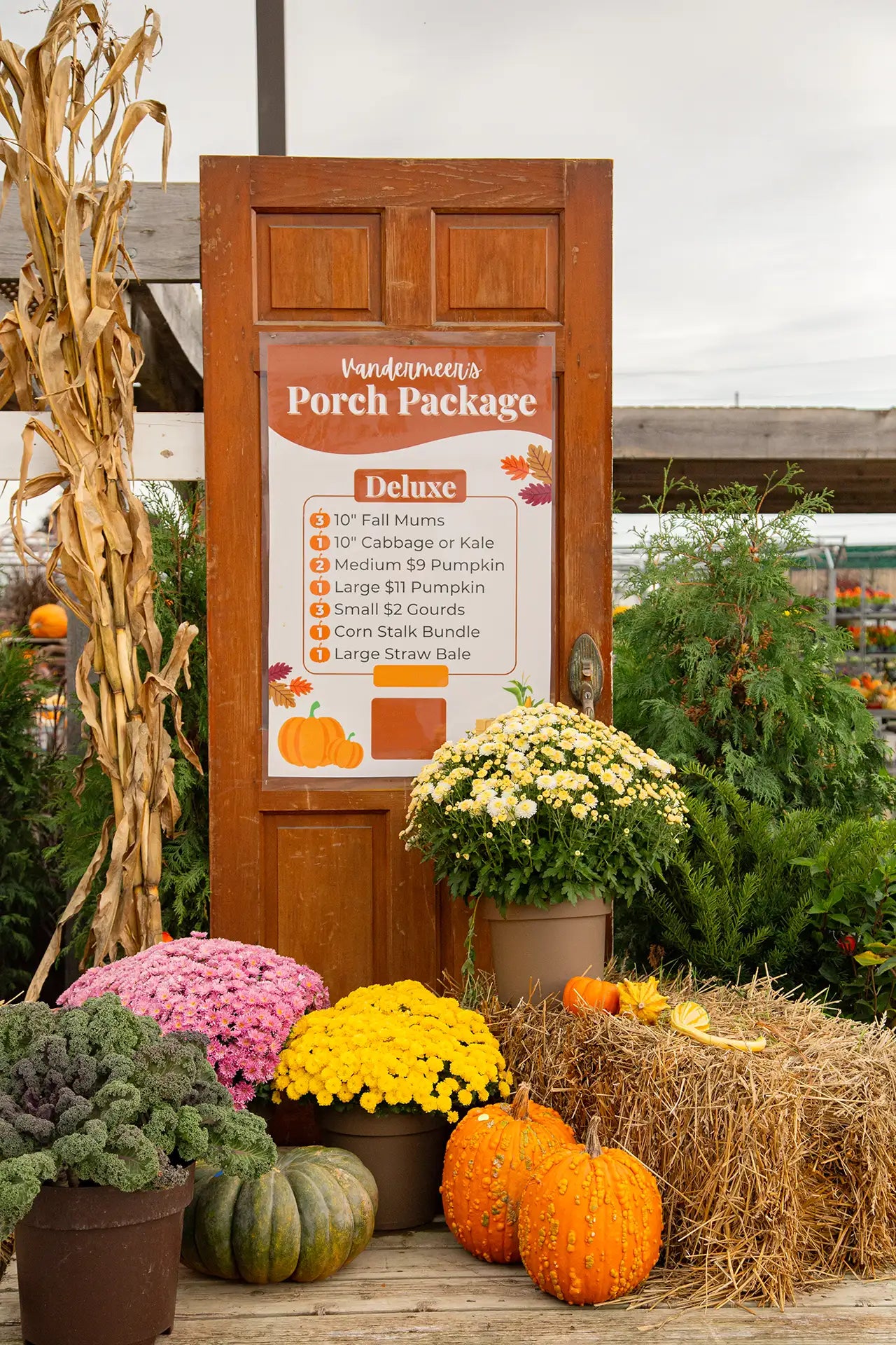 Fall-themed display of Porch Package with pumpkins, mums, straw bale, corn stalks, and kale.