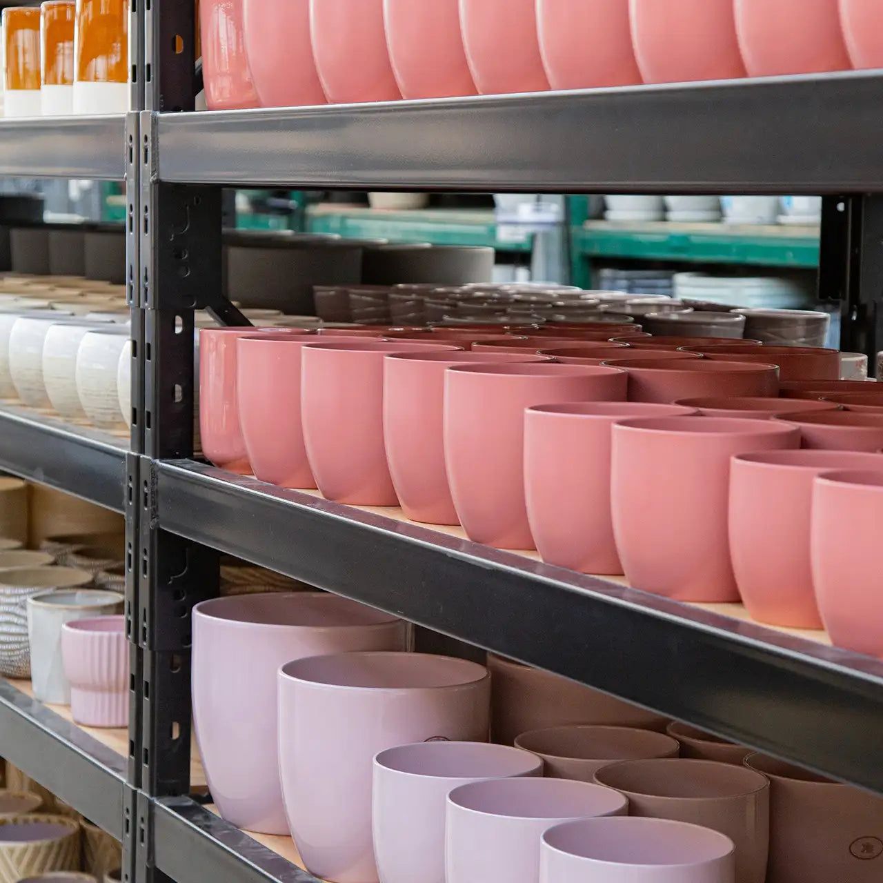 Shelves filled with pink and light purple ceramic pots lined up by size