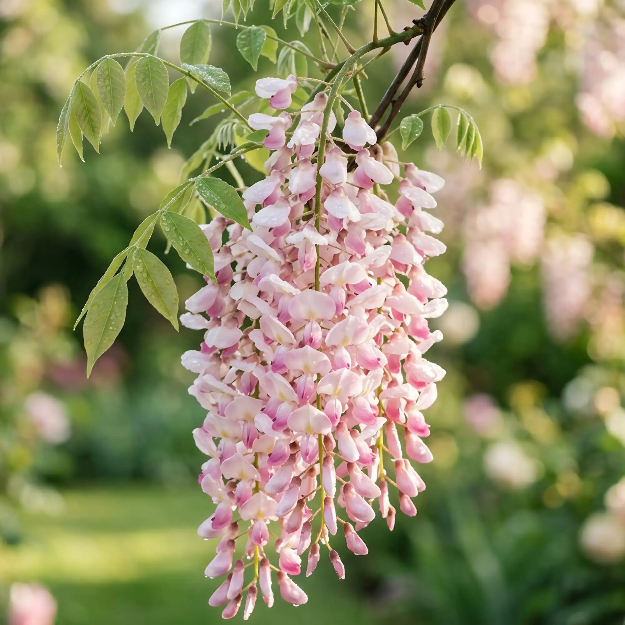 Closeup of pale pink flowers of Shiro-Beni Wisteria