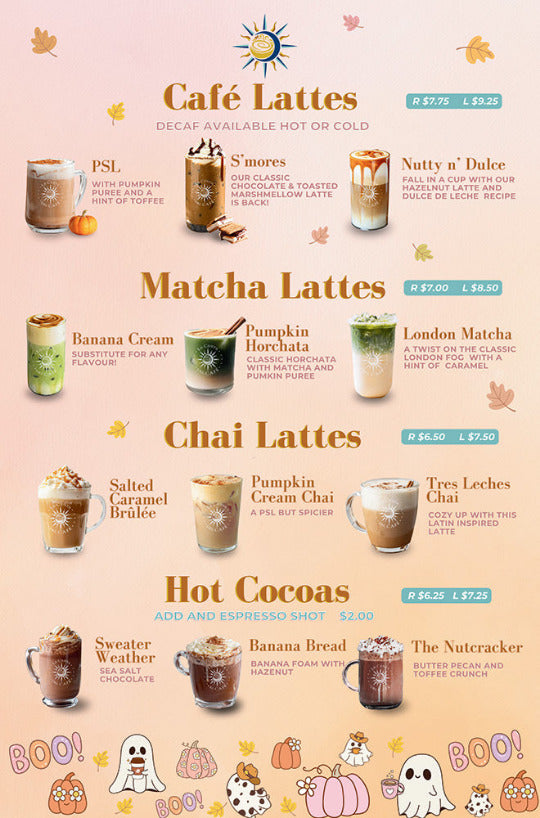 Menu with various coffee drinks and their prices on a pink background.