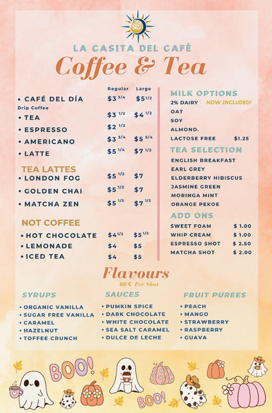 Coffee and tea menu from La Casita del Cafe with Halloween-themed graphics.
