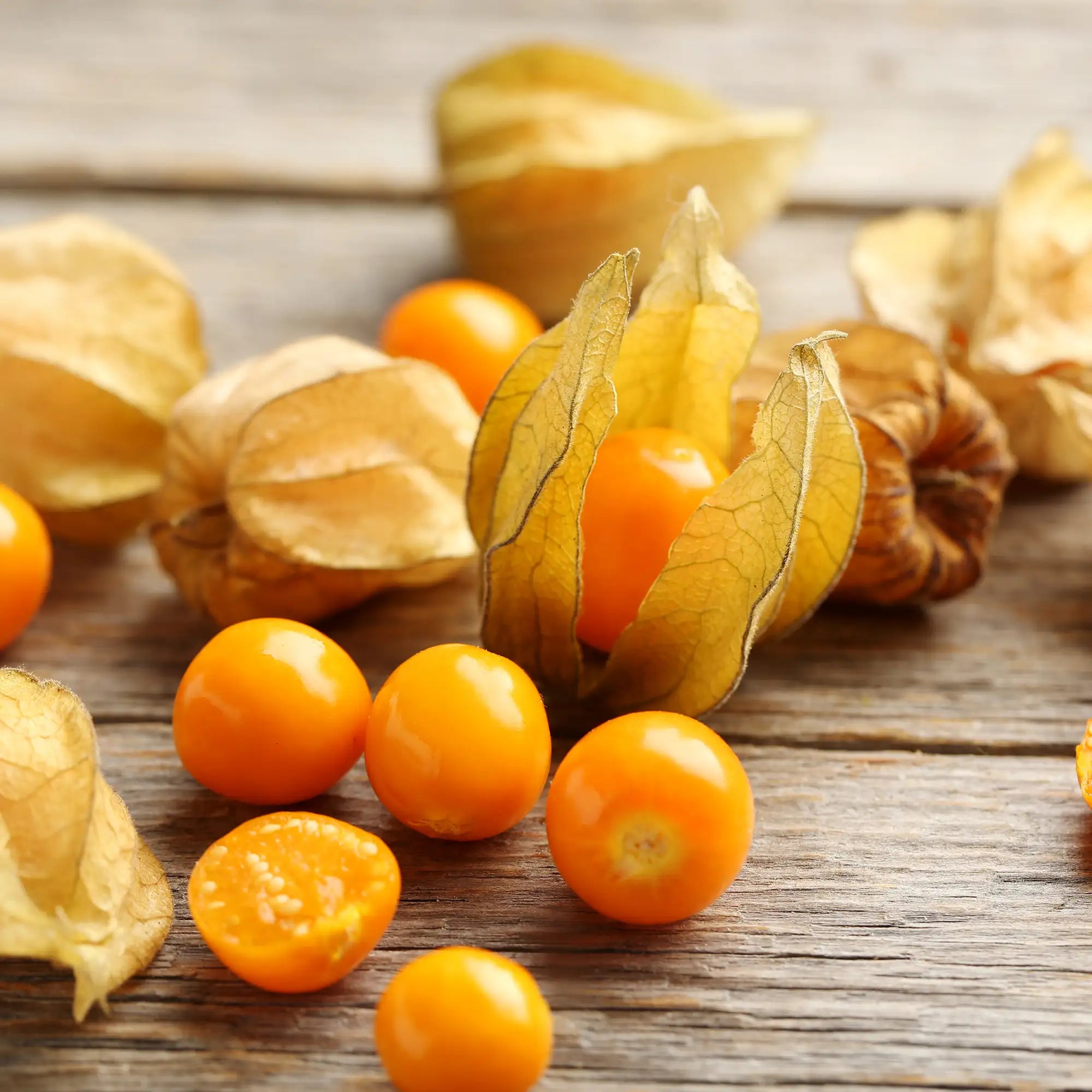 Ground cherry or tomatillo fruits with their husks on a wooden table