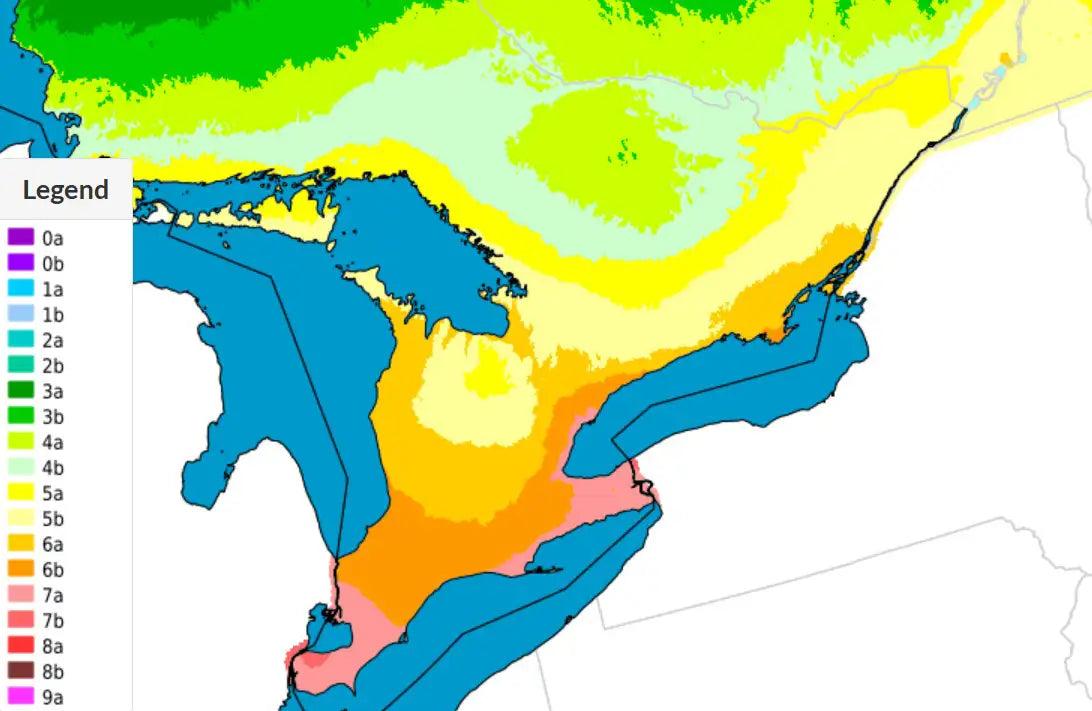Color-coded map with a legend indicating areas of varying plant hardiness